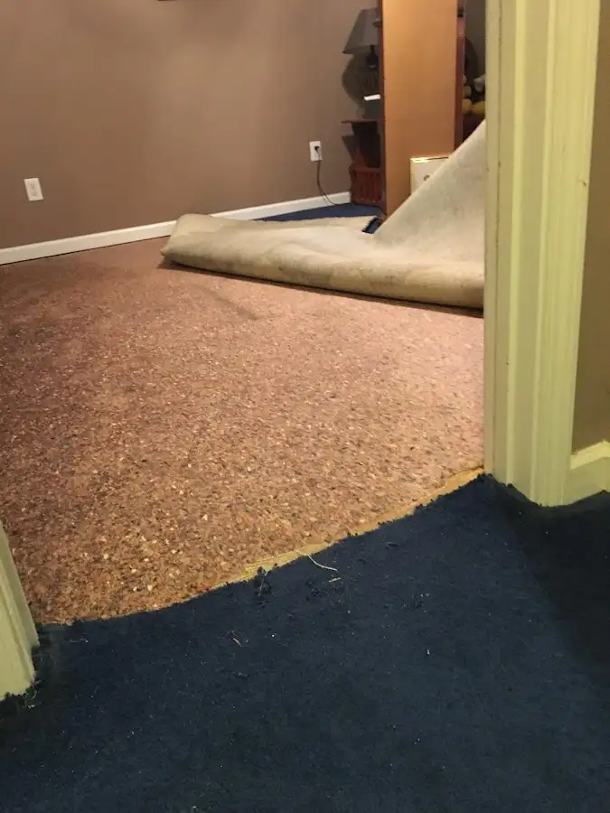 Carpet pad removal revealing water damage during Drying & Dehumidification in Harwinton